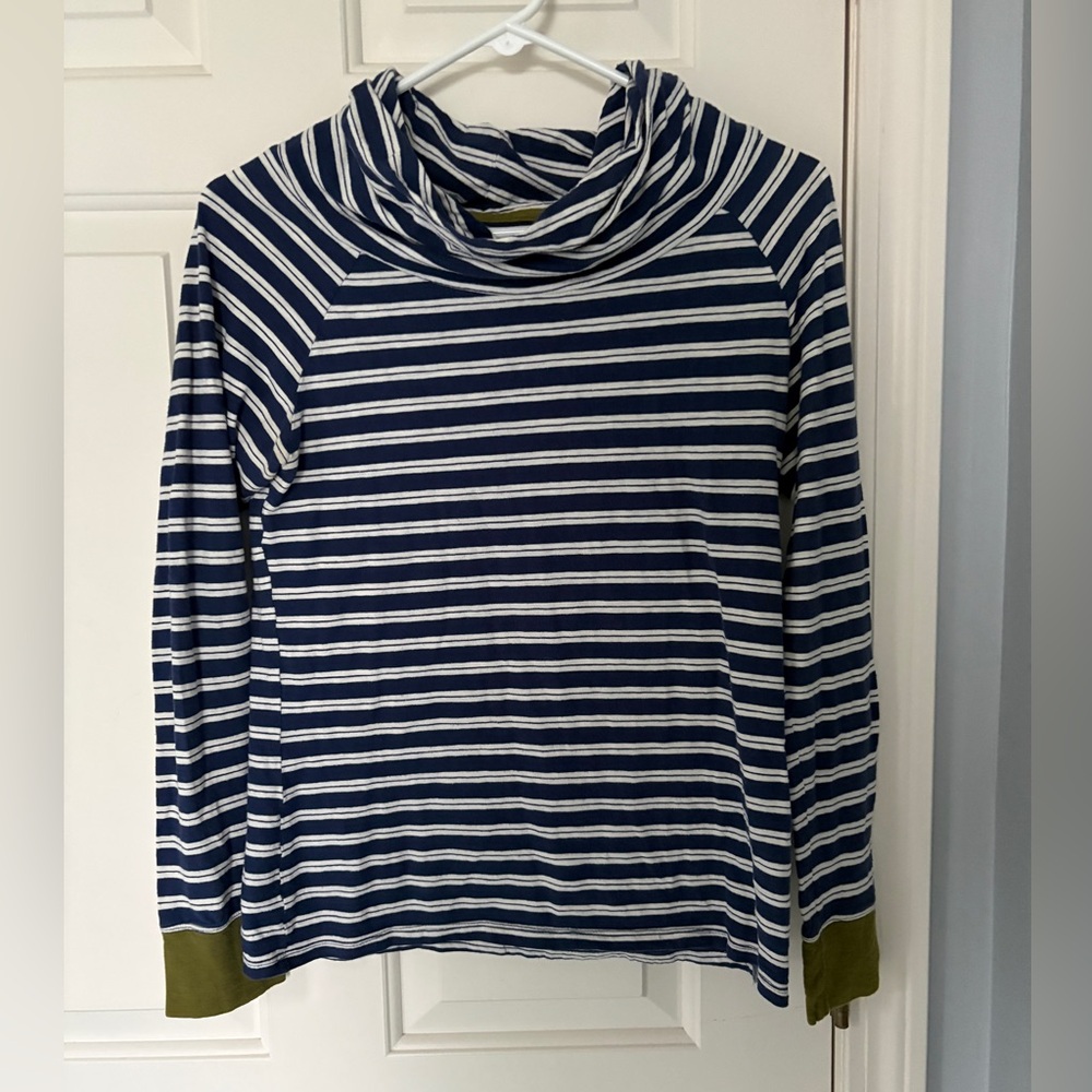 Horny Toad Navy and White Striped Long Sleeve Top with Olive Cuffs